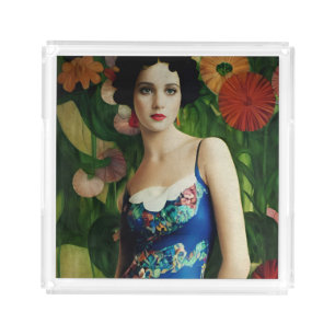 Elegant Art Deco Style Woman wth Large Flowers Art Acrylic Tray