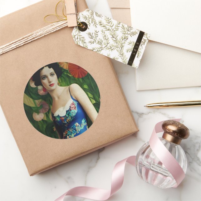 Elegant Art Deco Style Woman wth Large Flowers Art Classic Round Sticker (Gifting)