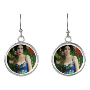 Elegant Art Deco Style Woman wth Large Flowers Art Earrings