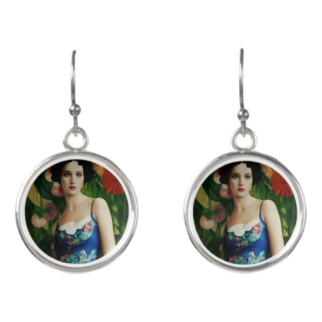 Elegant Art Deco Style Woman wth Large Flowers Art Earrings (Front)