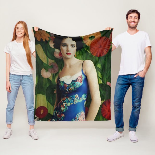 Elegant Art Deco Style Woman wth Large Flowers Art Fleece Blanket (In Situ)