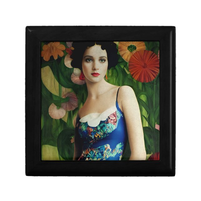 Elegant Art Deco Style Woman wth Large Flowers Art Gift Box (Front)