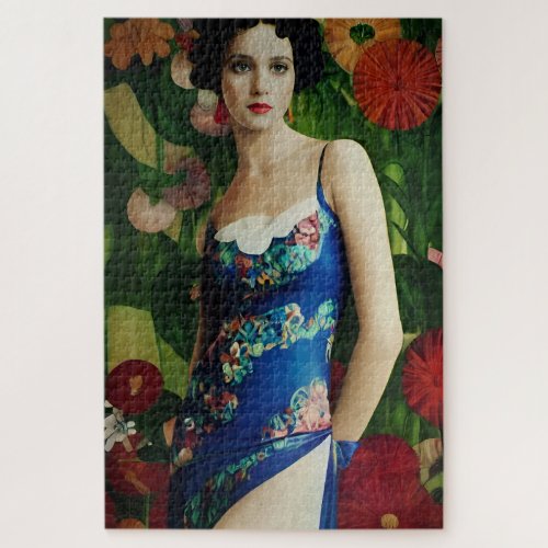 Elegant Art Deco Style Woman wth Large Flowers Art Jigsaw Puzzle