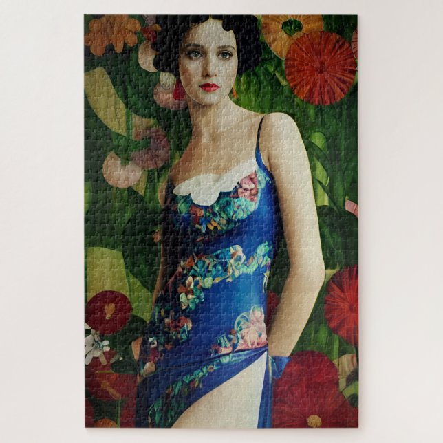 Elegant Art Deco Style Woman wth Large Flowers Art Jigsaw Puzzle (Vertical)