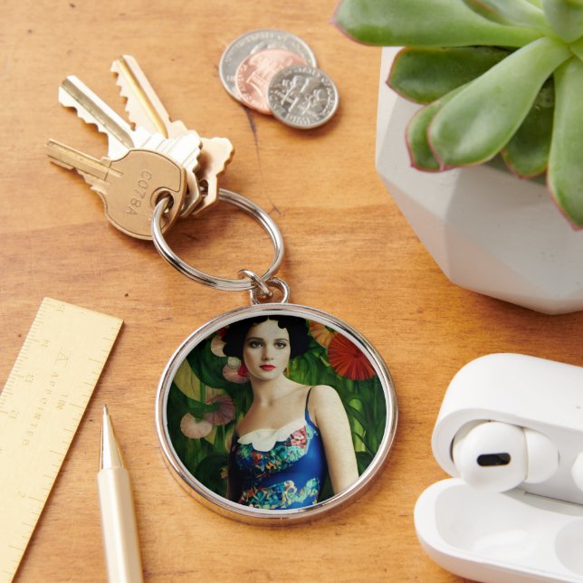 Elegant Art Deco Style Woman wth Large Flowers Art Keychain (Desk)