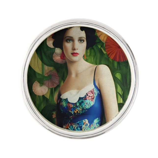 Elegant Art Deco Style Woman wth Large Flowers Art Lapel Pin (Front)
