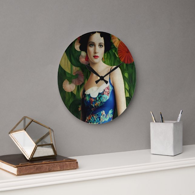 Elegant Art Deco Style Woman wth Large Flowers Art Large Clock (Office)