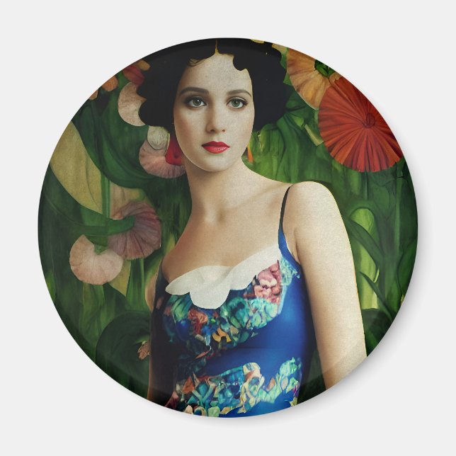 Elegant Art Deco Style Woman wth Large Flowers Art Magnet (Front)