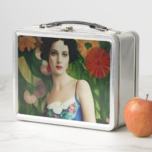 Elegant Art Deco Style Woman wth Large Flowers Art Metal Lunch Box