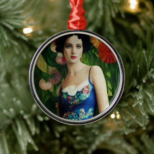 Elegant Art Deco Style Woman wth Large Flowers Art Metal Ornament