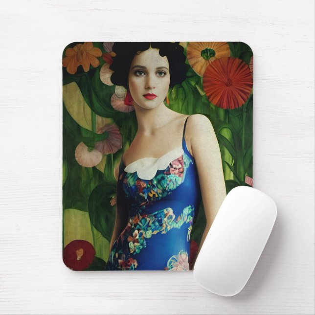 Elegant Art Deco Style Woman wth Large Flowers Art Mouse Pad (With Mouse)