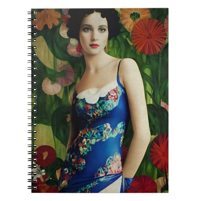 Elegant Art Deco Style Woman wth Large Flowers Art Notebook (Front)