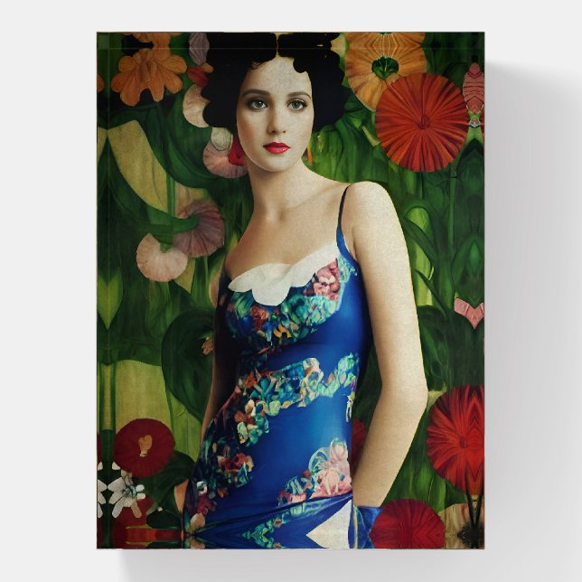 Elegant Art Deco Style Woman wth Large Flowers Art Paperweight (Vertical)