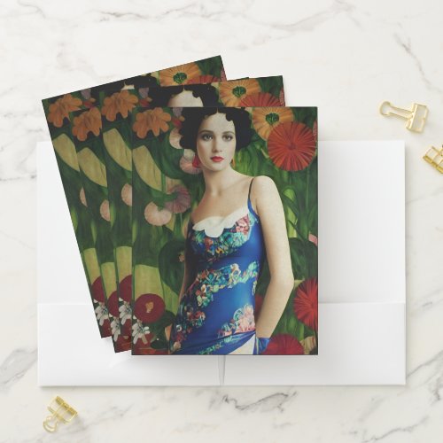Elegant Art Deco Style Woman wth Large Flowers Art Pocket Folder
