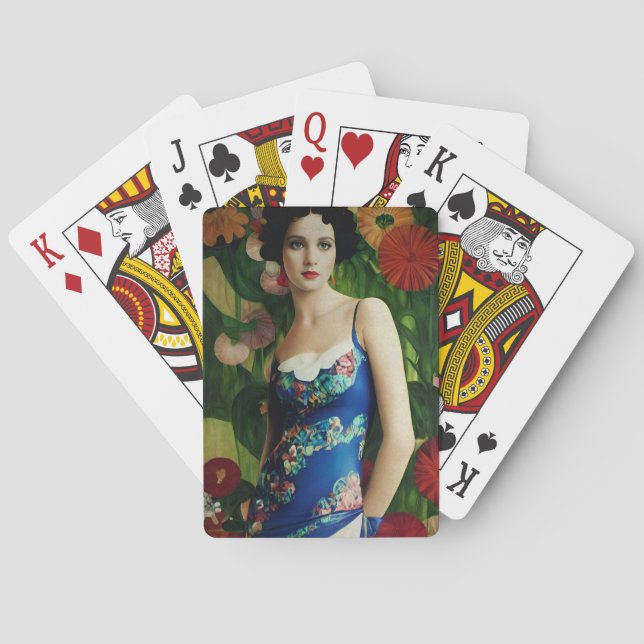 Elegant Art Deco Style Woman wth Large Flowers Art Poker Cards (Back)
