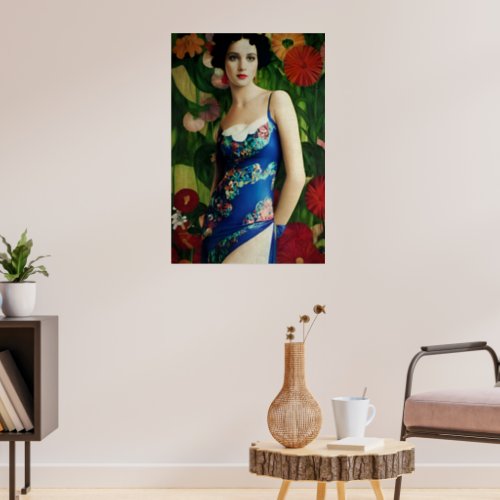 Elegant Art Deco Style Woman wth Large Flowers Art Poster