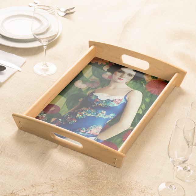 Elegant Art Deco Style Woman wth Large Flowers Art Serving Tray (Front)