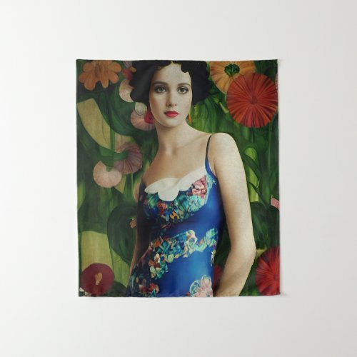 Elegant Art Deco Style Woman wth Large Flowers Art Tapestry