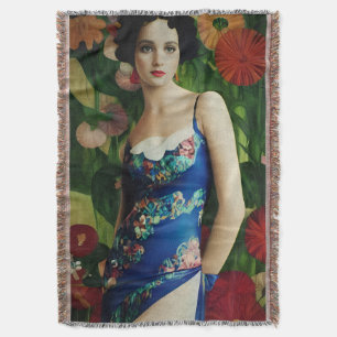 Elegant Art Deco Style Woman wth Large Flowers Art Throw Blanket
