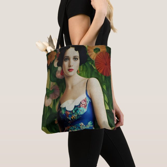 Elegant Art Deco Style Woman wth Large Flowers Art Tote Bag (Close Up)