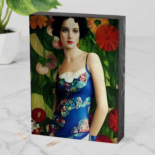 Elegant Art Deco Style Woman wth Large Flowers Art Wooden Box Sign (In Situ Vertical)