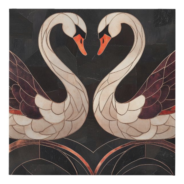 Elegant Art Deco Swans Forming a Heart Faux Canvas Print (Front)