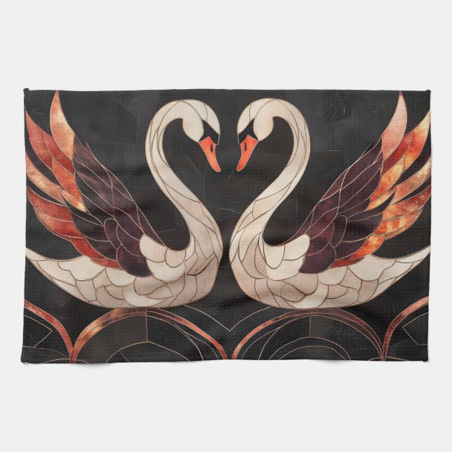 Elegant Art Deco Swans Forming a Heart Kitchen Towel (Horizontal)