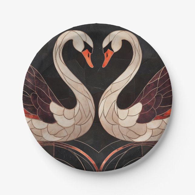 Elegant Art Deco Swans Forming a Heart Paper Plates (Front)