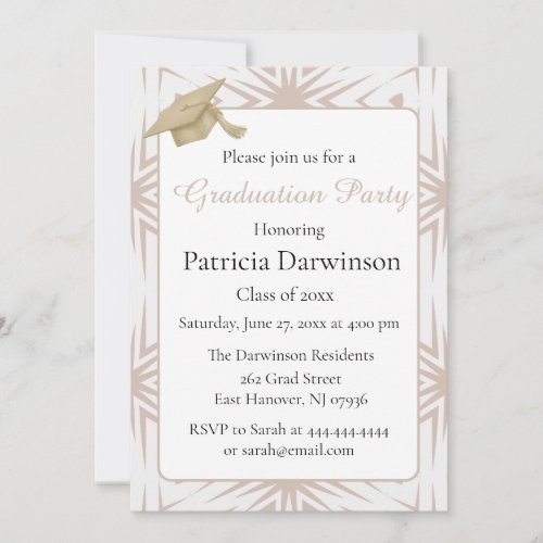 Elegant Art Deco Tan and White Graduation Party Invitation