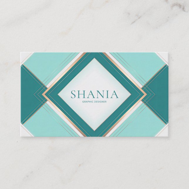 Elegant Art Deco Teal Geometric Diamond Gold Line Business Card (Front)
