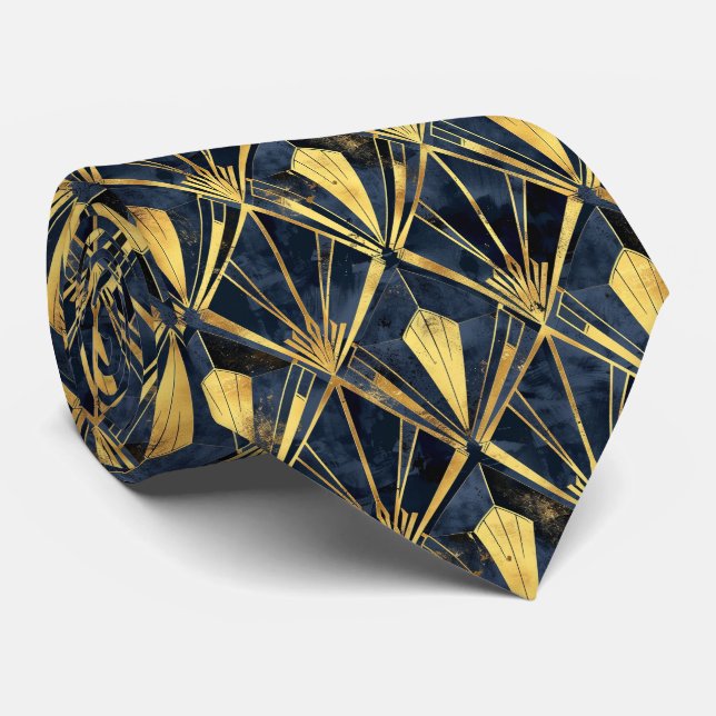 Elegant art deco tiled pattern black gold  neck tie (Rolled)