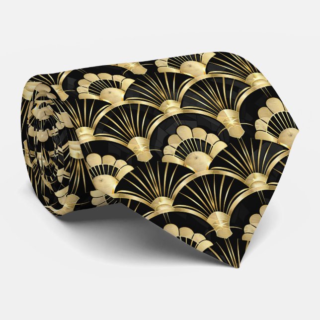Elegant art deco tiled pattern black gold  neck tie (Rolled)