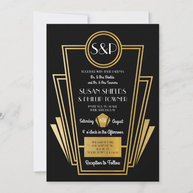 Elegant Art Deco Wedding Invitations Black Gold (Front)