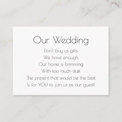 Elegant Art Deco Wedding No Gifts Poem  Enclosure Card