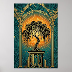 Elegant Art Deco Weeping Willow Gold & Teal Poster