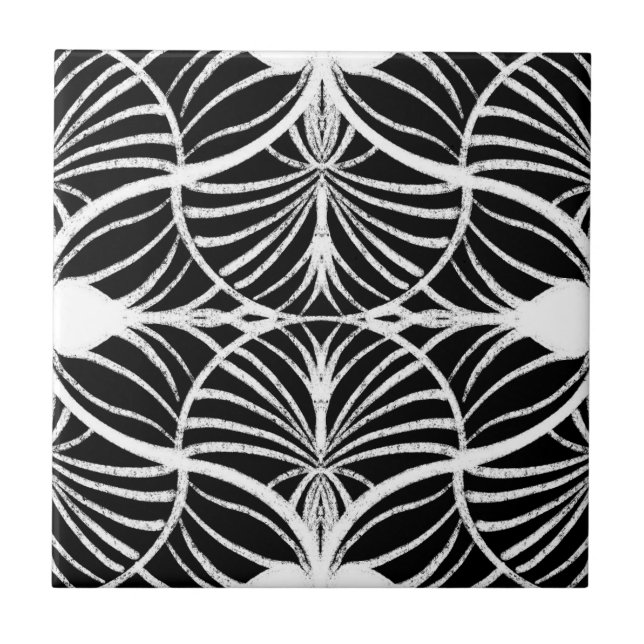 Elegant Art Deco White & Black Gouache Scallops Ceramic Tile (Front)