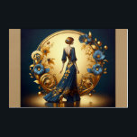 Elegant Art Deco Woman Gold and Blue Acrylic Print<br><div class="desc">This stunning art deco illustration captures the timeless elegance of a poised woman in a flowing navy-blue gown adorned with intricate gold floral embellishments. Framed by a luxurious golden arch with ornate decorative patterns and delicate blue and gold flowers, the composition exudes sophistication and vintage glamour. The harmonious blend of...</div>