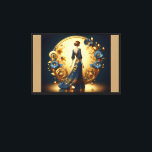Elegant Art Deco Woman Gold and Blue  Canvas Print<br><div class="desc">This stunning art deco illustration captures the timeless elegance of a poised woman in a flowing navy-blue gown adorned with intricate gold floral embellishments. Framed by a luxurious golden arch with ornate decorative patterns and delicate blue and gold flowers, the composition exudes sophistication and vintage glamour. The harmonious blend of...</div>