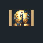Elegant Art Deco Woman Gold and Blue  Canvas Print<br><div class="desc">This stunning art deco illustration captures the timeless elegance of a poised woman in a flowing navy-blue gown adorned with intricate gold floral embellishments. Framed by a luxurious golden arch with ornate decorative patterns and delicate blue and gold flowers, the composition exudes sophistication and vintage glamour. The harmonious blend of...</div>
