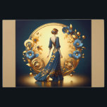 Elegant Art Deco Woman Gold and Blue Metal Print<br><div class="desc">This stunning art deco illustration captures the timeless elegance of a poised woman in a flowing navy-blue gown adorned with intricate gold floral embellishments. Framed by a luxurious golden arch with ornate decorative patterns and delicate blue and gold flowers, the composition exudes sophistication and vintage glamour. The harmonious blend of...</div>
