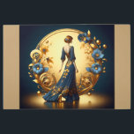 Elegant Art Deco Woman Gold and Blue Metal Print<br><div class="desc">This stunning art deco illustration captures the timeless elegance of a poised woman in a flowing navy-blue gown adorned with intricate gold floral embellishments. Framed by a luxurious golden arch with ornate decorative patterns and delicate blue and gold flowers, the composition exudes sophistication and vintage glamour. The harmonious blend of...</div>