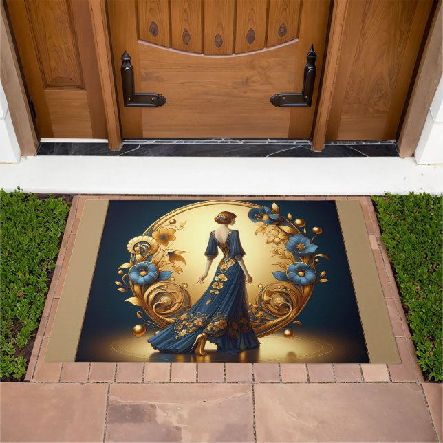 Elegant Art Deco Woman in Gold and Blue Doormat (Outdoor)