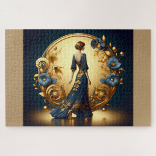 Elegant Art Deco Woman in Gold and Blue Jigsaw Puzzle