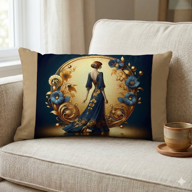 Elegant Art Deco Woman in Gold and Blue Lumbar Pillow (Elegant Art Deco Woman in Gold and Blue Lumbar Pillow Mockup A)