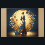 Elegant Art Deco Woman in Gold and Blue Metal Art<br><div class="desc">This stunning art deco illustration captures the timeless elegance of a poised woman in a flowing navy-blue gown adorned with intricate gold floral embellishments. Framed by a luxurious golden arch with ornate decorative patterns and delicate blue and gold flowers, the composition exudes sophistication and vintage glamour. The harmonious blend of...</div>