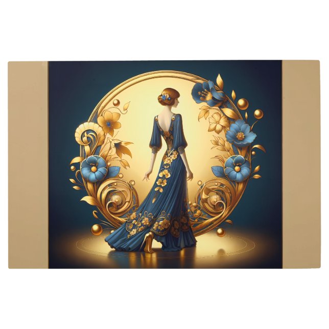 Elegant Art Deco Woman in Gold and Blue Metal Art (Front)