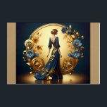 Elegant Art Deco Woman in Gold and Blue Metal Prin<br><div class="desc">This stunning art deco illustration captures the timeless elegance of a poised woman in a flowing navy-blue gown adorned with intricate gold floral embellishments. Framed by a luxurious golden arch with ornate decorative patterns and delicate blue and gold flowers, the composition exudes sophistication and vintage glamour. The harmonious blend of...</div>