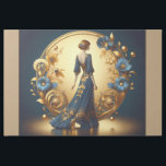 Elegant Art Deco Woman in Gold and Blue Metal Prin<br><div class="desc">This stunning art deco illustration captures the timeless elegance of a poised woman in a flowing navy-blue gown adorned with intricate gold floral embellishments. Framed by a luxurious golden arch with ornate decorative patterns and delicate blue and gold flowers, the composition exudes sophistication and vintage glamour. The harmonious blend of...</div>