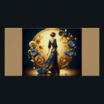 Elegant Art Deco Woman in Gold and Blue Metal Prin Poster<br><div class="desc">This stunning art deco illustration captures the timeless elegance of a poised woman in a flowing navy-blue gown adorned with intricate gold floral embellishments. Framed by a luxurious golden arch with ornate decorative patterns and delicate blue and gold flowers, the composition exudes sophistication and vintage glamour. The harmonious blend of...</div>