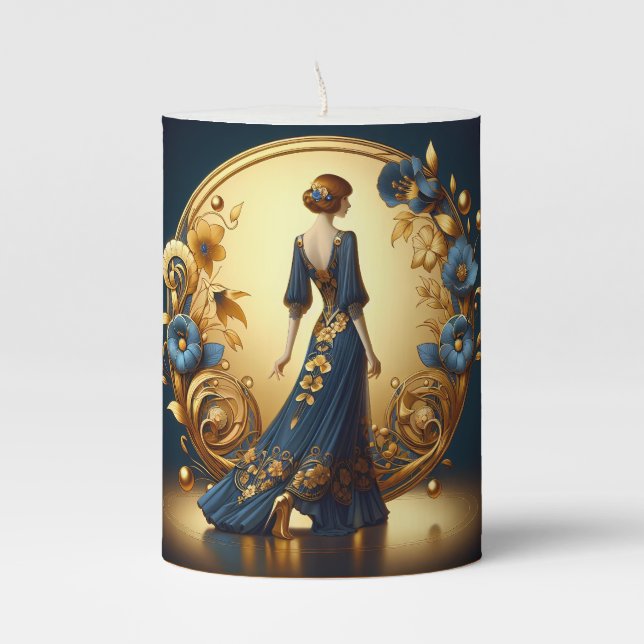 Elegant Art Deco Woman in Gold and Blue Pillar Candle (Front)